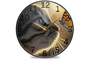 YMGQYJ Butterfly and Cat Print Wall Clock 11.9 Inch Silent Round Desk Clocks for Bedroom Living Room Decoration