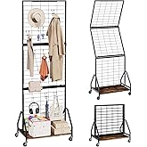 ELYKEN Foldable Grid Wall Panels, 5.7 x 2 FT Movable Gridwall Display Rack | with Wheels and Adjustable Foots, Wire Retail Display Stand for Vendor with Storage Shelf, Rustic Brown