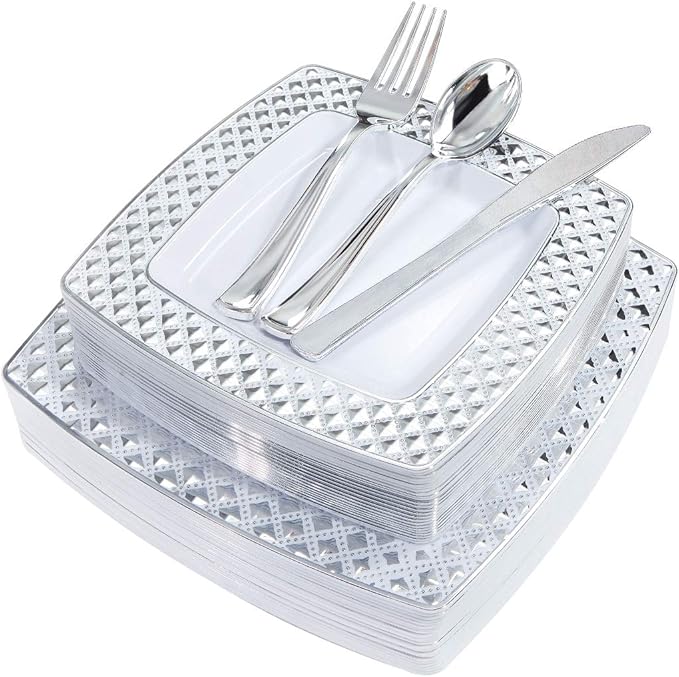 WDF 125PCS Silver Plastic Plates with Disposable Plastic