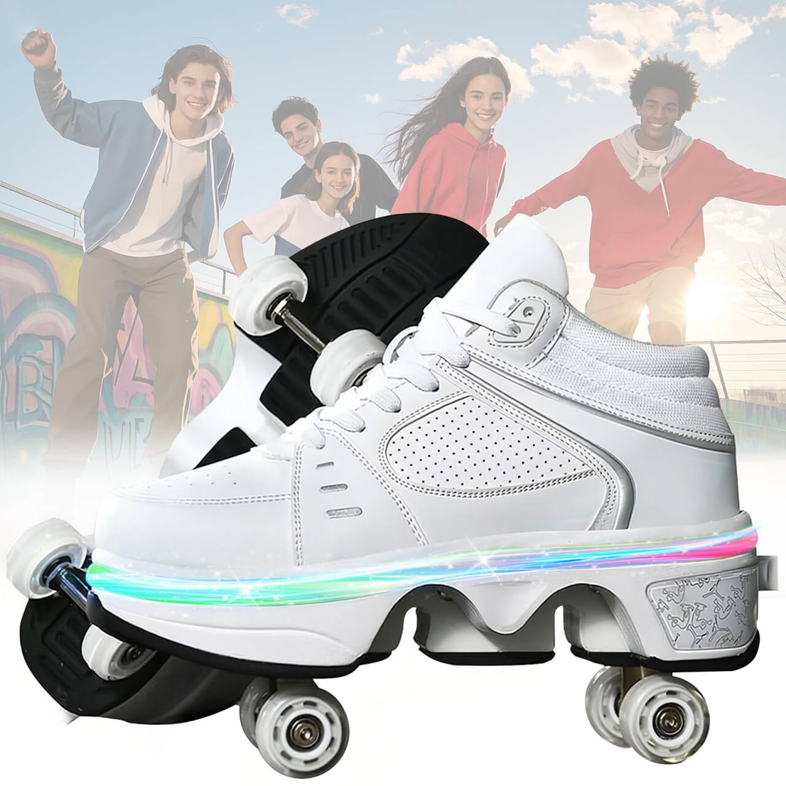 Rollerskates womens,Quad Kick Roller Skates for kids,LED Inline Skates Deformation Trainers for Adults Beginners,Sneakers with Invisible Wheel for boys (C, UK-4.5)
