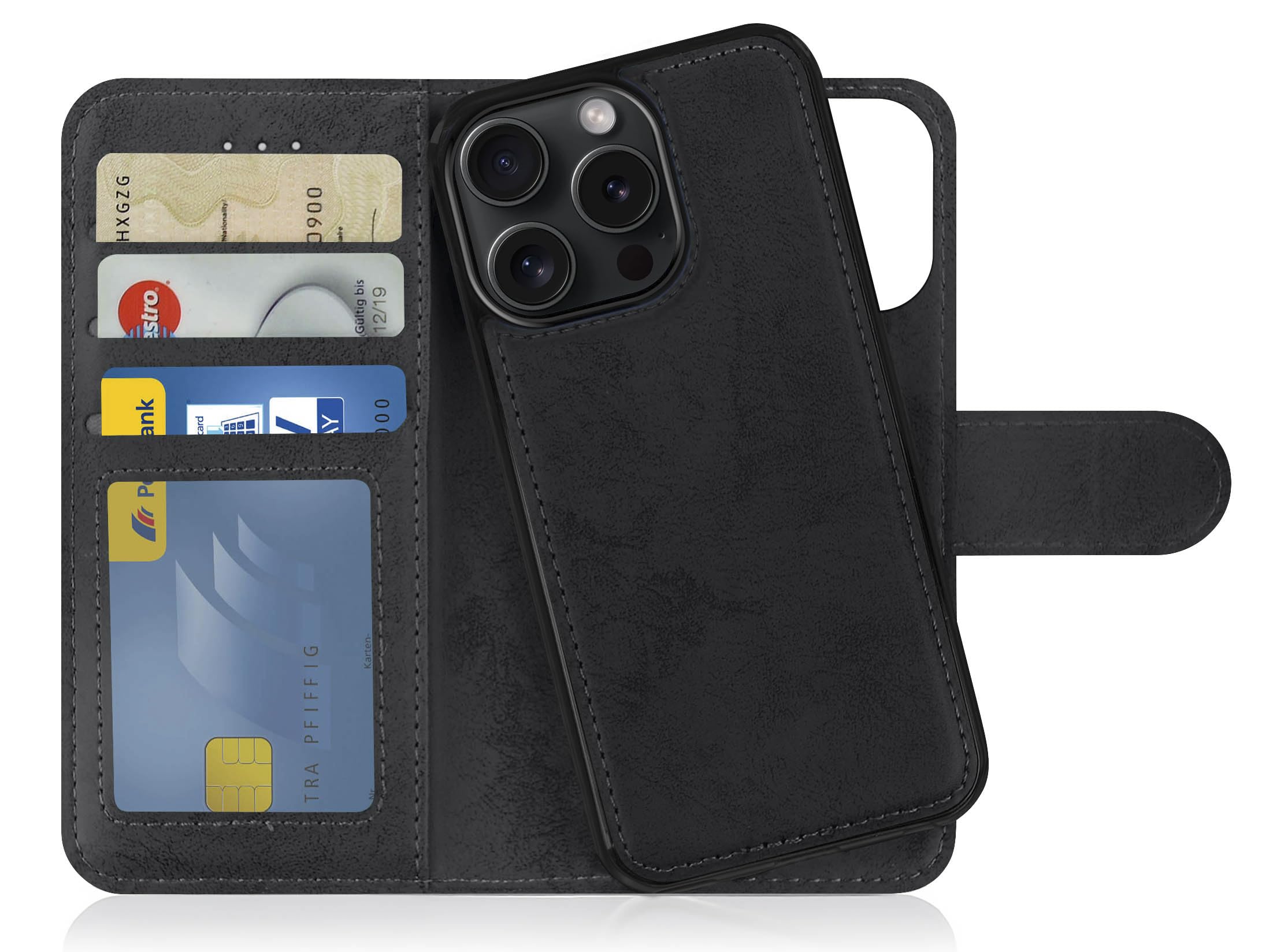 MyGadget Flip Case for iPhone 15 Pro - [ Removable Magnetic Cover ] - PU Leather Phone Case - [ Cover with Card Slot ] Protective Shell in Grey Black