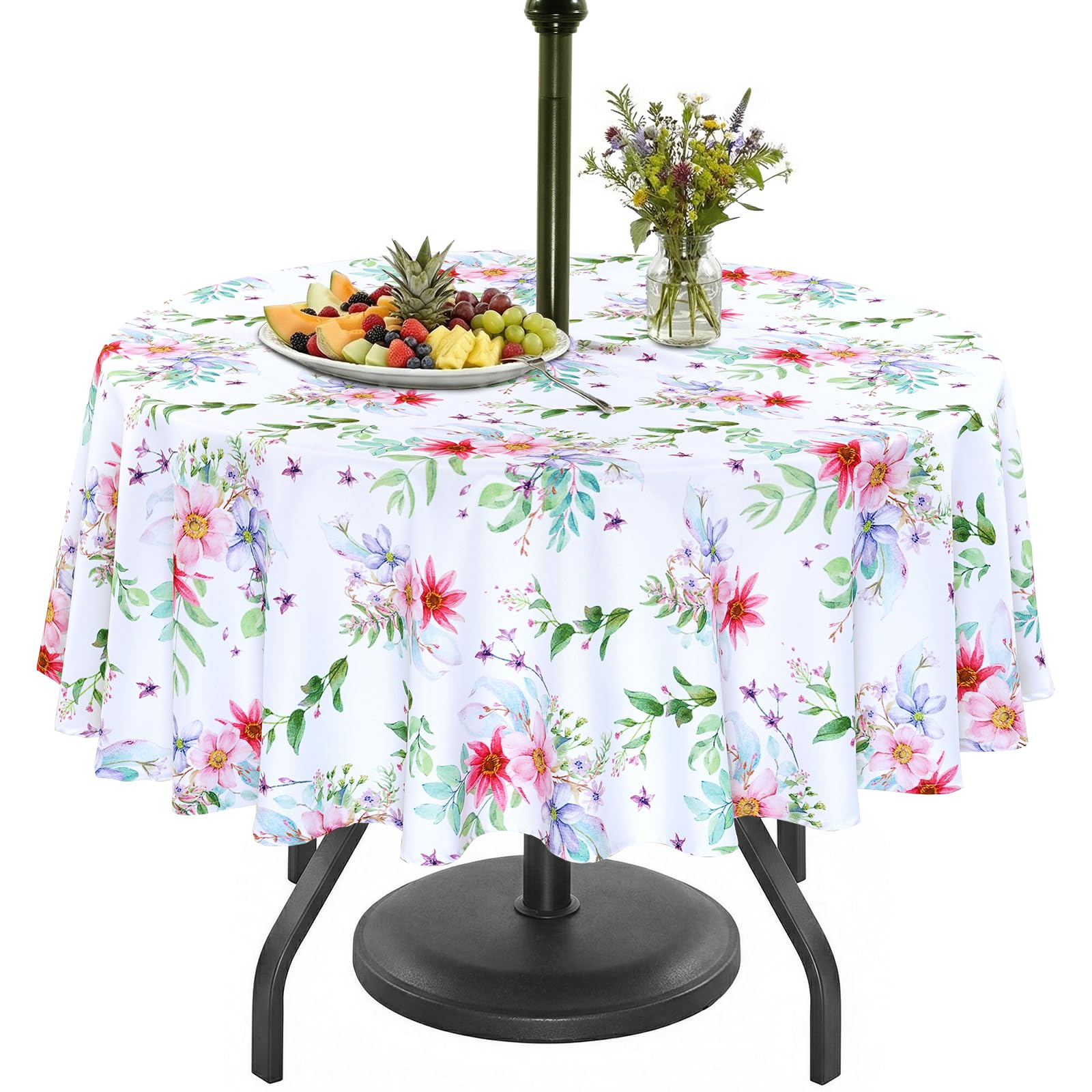 Eternal Beauty 152cm Round Light Floral Indoor Outdoor Splashproof Tablecloth with Umbrella Hole and Zipper for Patio Garden Party and BBQ （60"）