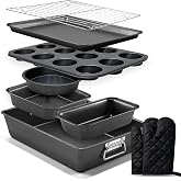 Greenloom 9 PCS Bakeware Sets, Baking Pans for Oven with Wider Grips, Baking Pan Set with Roasting Pan, Baking Pan, Cake Pan, Square Cake Pan, Loaf Pan, 12-Cup Muffin Pan, Cooling Rack and Oven Mitts