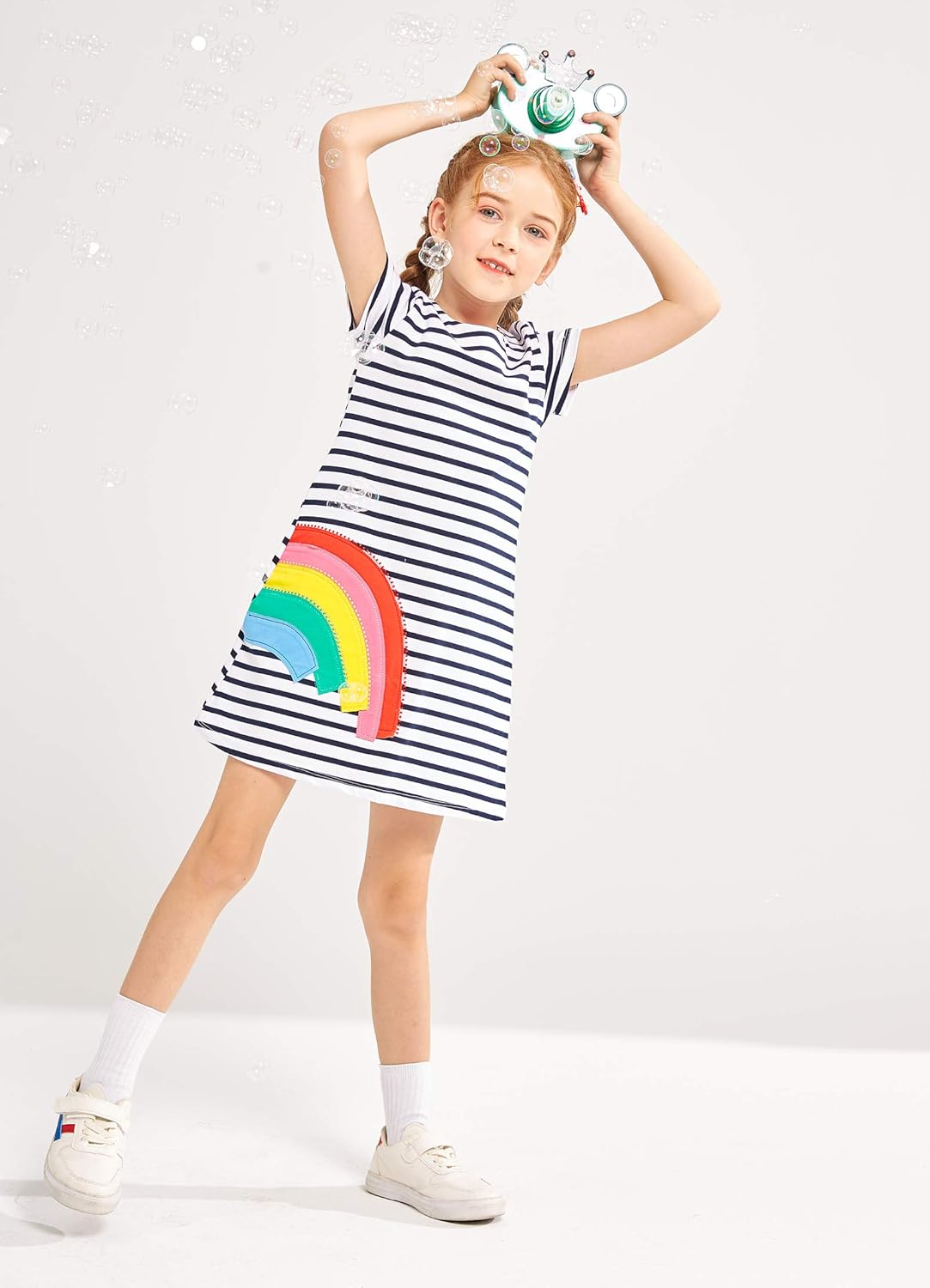 Fiream Girls Dresses Cotton Striped Cartoon Applique Casual Animal Printed Outfits Dress: Clothing