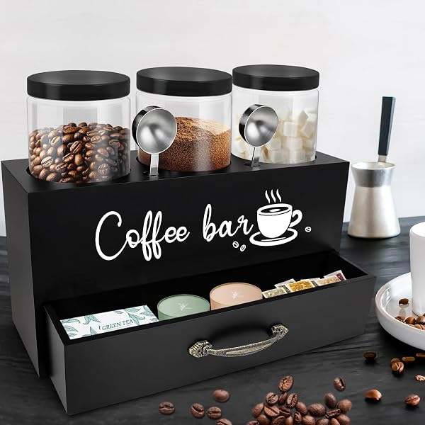 MACIFECI 54 OZ COFFEE CANISTER SET WITH SHELF, COFFEE AND SUGAR CONTAINER SET OF 3 CANISTERS SETS FOR KITCHEN COUNTER, PLASTIC COFFEE BEAN STORAGE CONTAINER WITH SCOOP (BLACK – DRAWER)