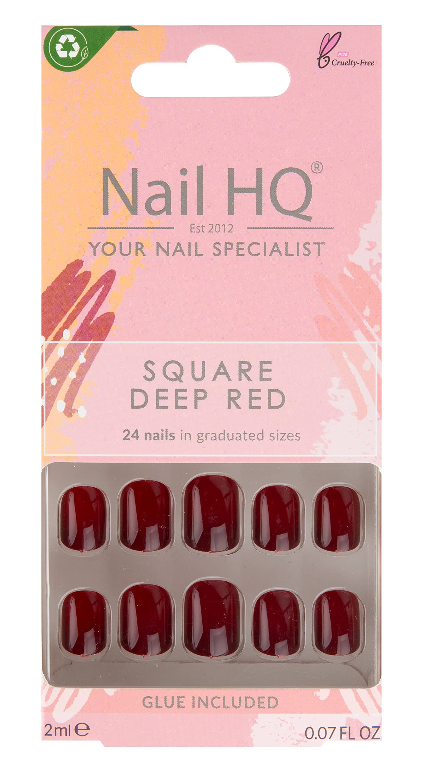 Nail HQ Press Ons – Square Deep Red – 24 Strong, Durable False Nails with Glossy Finish for Salon-Quality Manicure at Home
