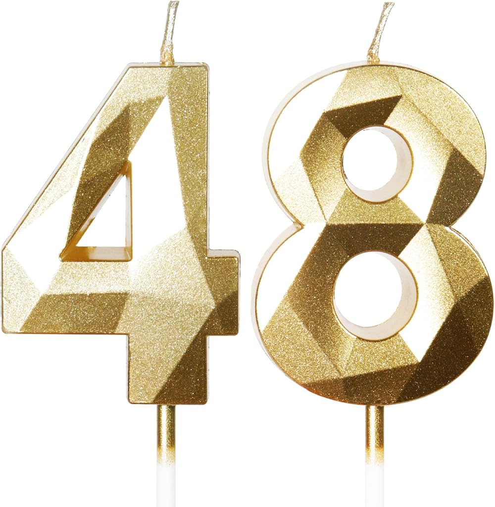 Yiran Gold 48th Birthday Candles 2 Piece 5 cm 48 Happy Birthday Cake Topper