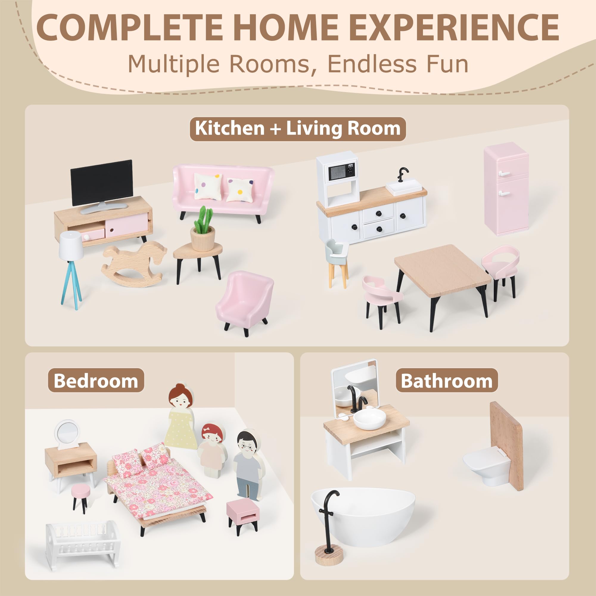 Pithfor Wooden Dollhouse Furniture Set, Dollhouse Accessories and Furniture, with 7 Rooms 3 Dolls, Includes Patio Set & Dog Set, Doll House Furniture Toys Gift for Kids Boys Girls