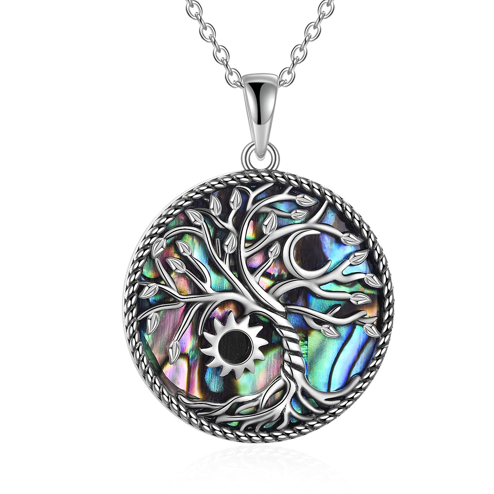 Yin Yang Tree of Life Necklaces Sun Moon Sterling Silver Abalone Shell Jewelry for Women Men