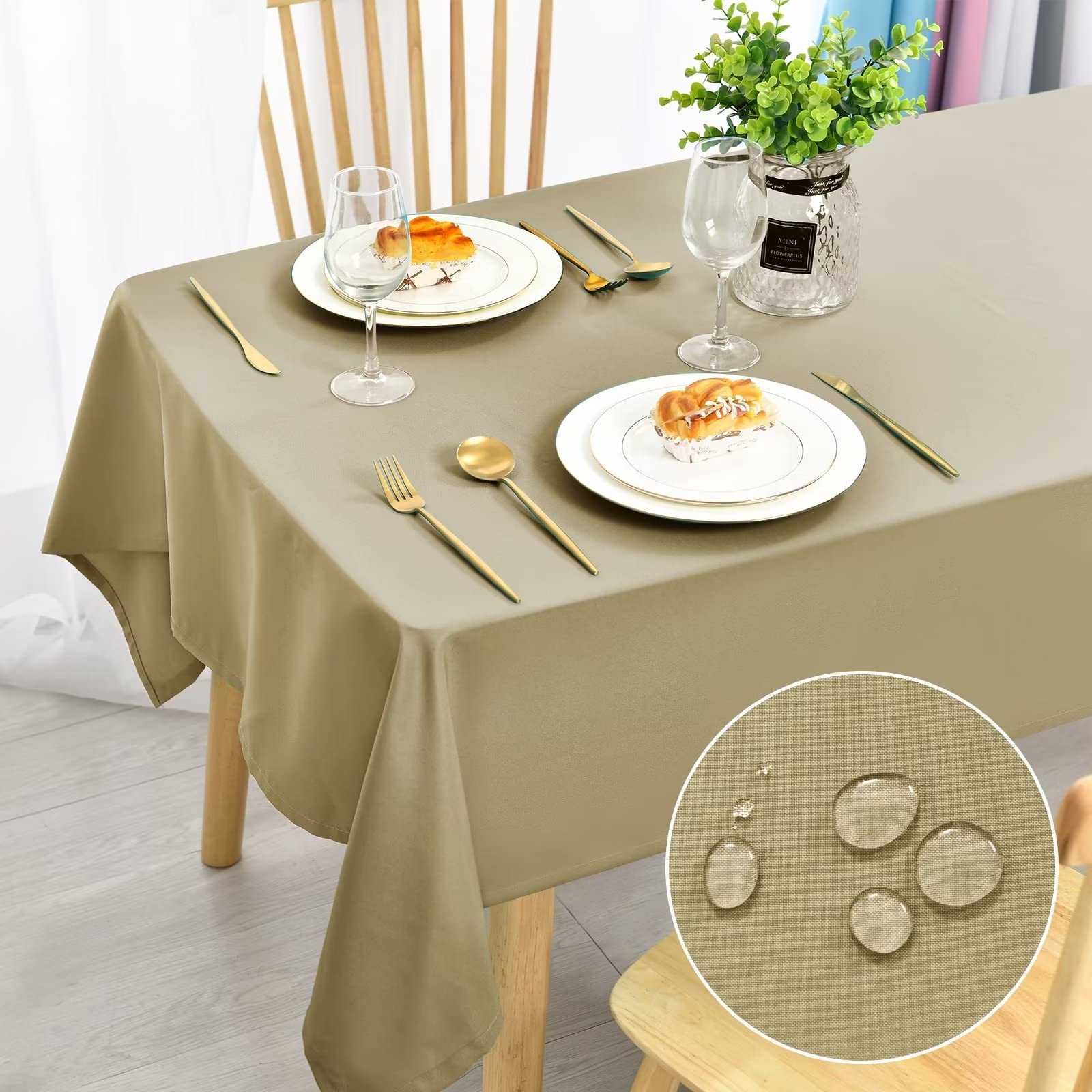DWCN Table Cloth Wipeable Tablecloths Wipe Clean Tablecloth Rectangular Khaki Table Cloth 130x180cm(51x71in) Water Resistant Tablecloth Polyester