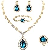 BriLove Womens Africa 18k Gold Plated Jewelry Set Crystal Rhinestones Petals Teardrop Cluster Bib Statement Necklace Link Bracelet Dangle Earrings Ring for Prom