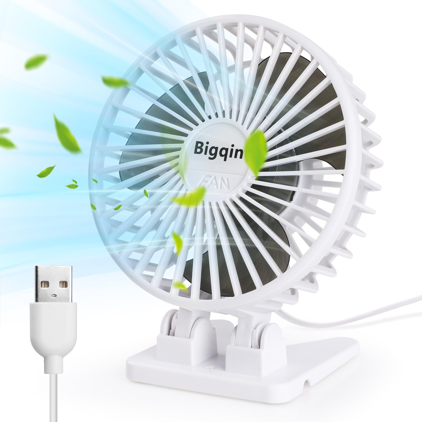 Bigqin Desk USB Small Fan - Powerful Mini Table Cooling With 3 Speeds, 90° Adjustment for Bedroom, Office, Home, Car - White