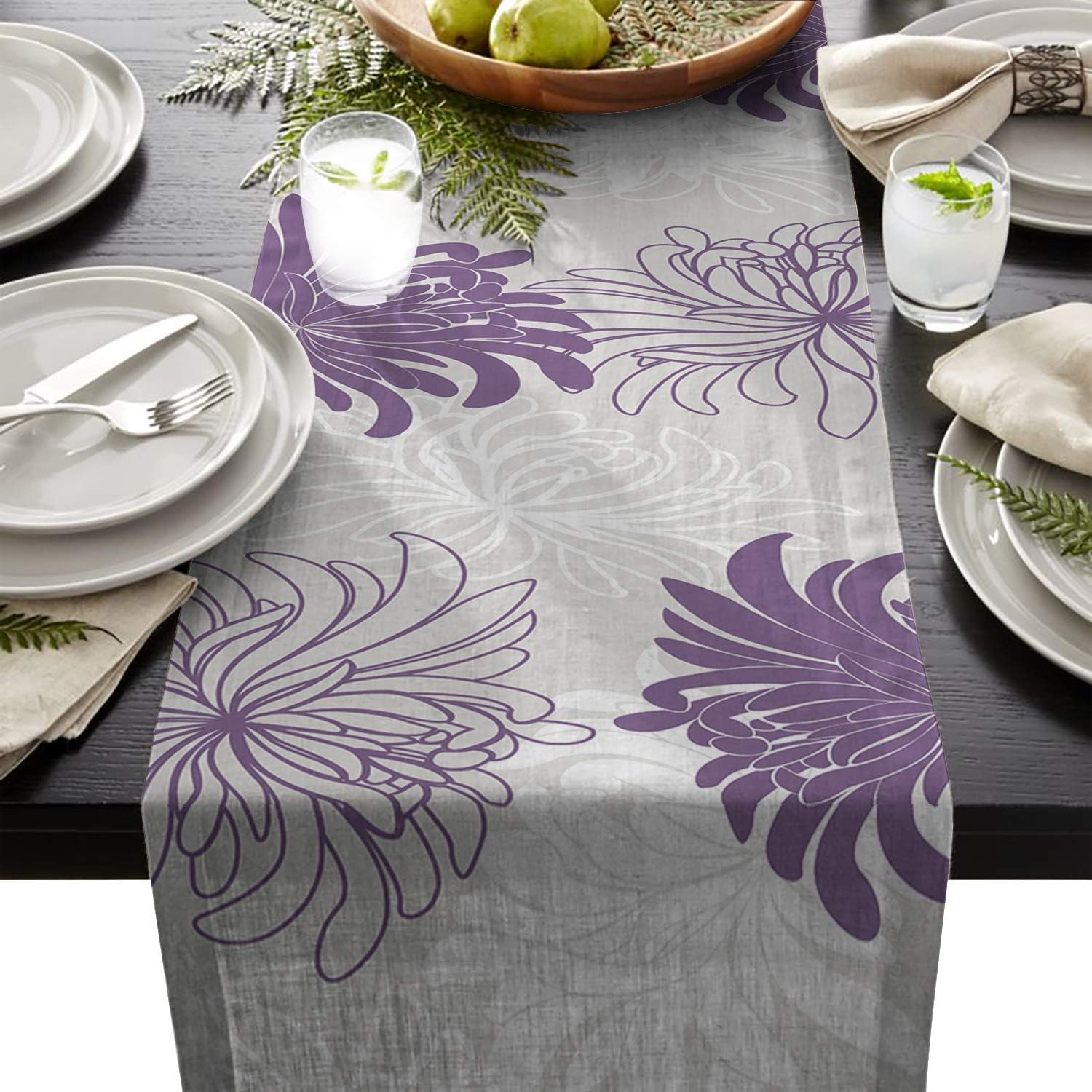 Non-Slip Heat Resistant Burlap Table Runner,Colorful Floral Pattern White Purple Grey Table Runners for Catering Events,Dinner Parties,Wedding,Spring Holiday,Indoor and Outdoor Parties,13x70in