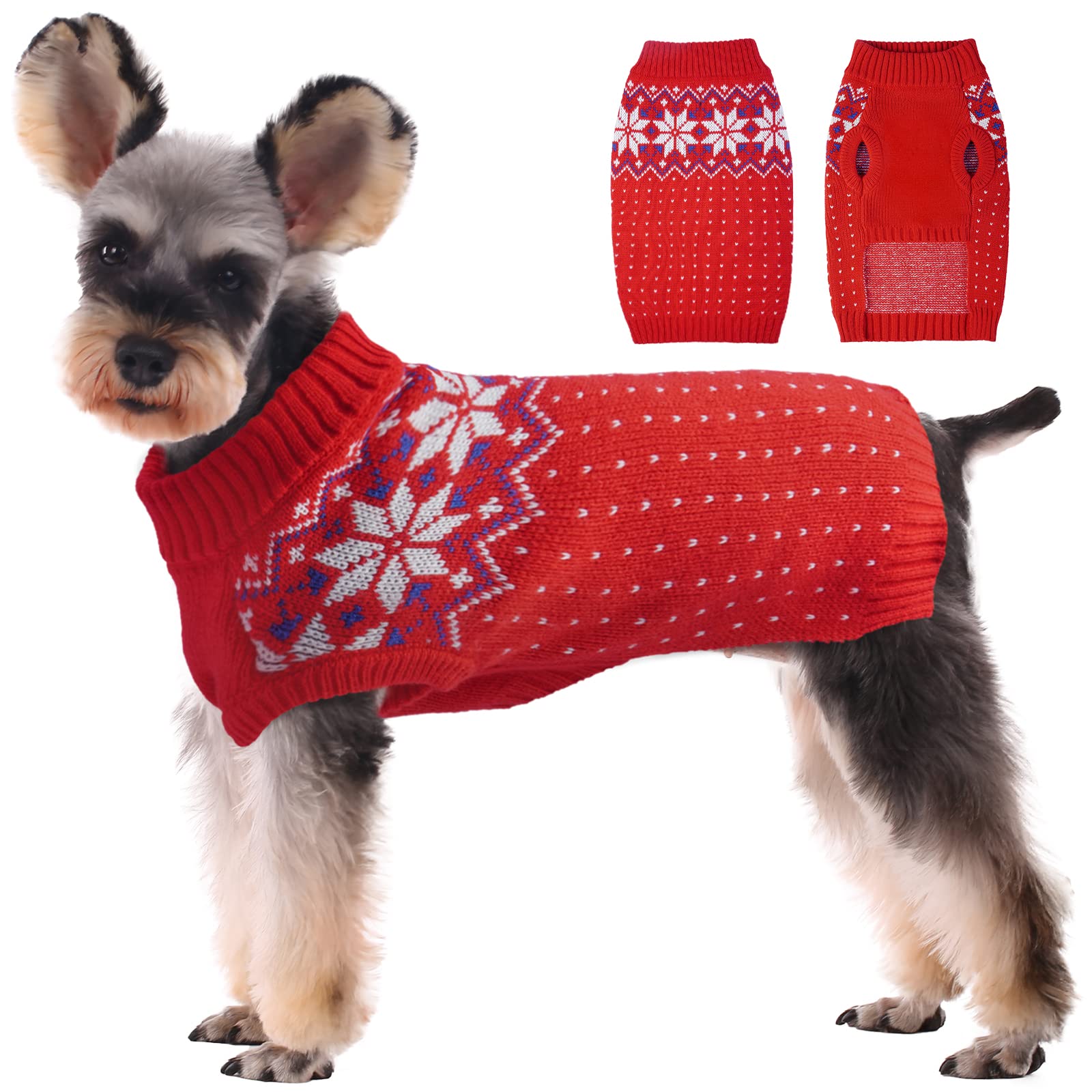 Kuoser Dog Cat Knitted Sweater, Puppy Christmas Warm Knitwear Pet Winter Jumper Vest, Snowflake Pattern Small Medium Dogs Turtleneck Cold Weather Pullover for Holiday Xmas