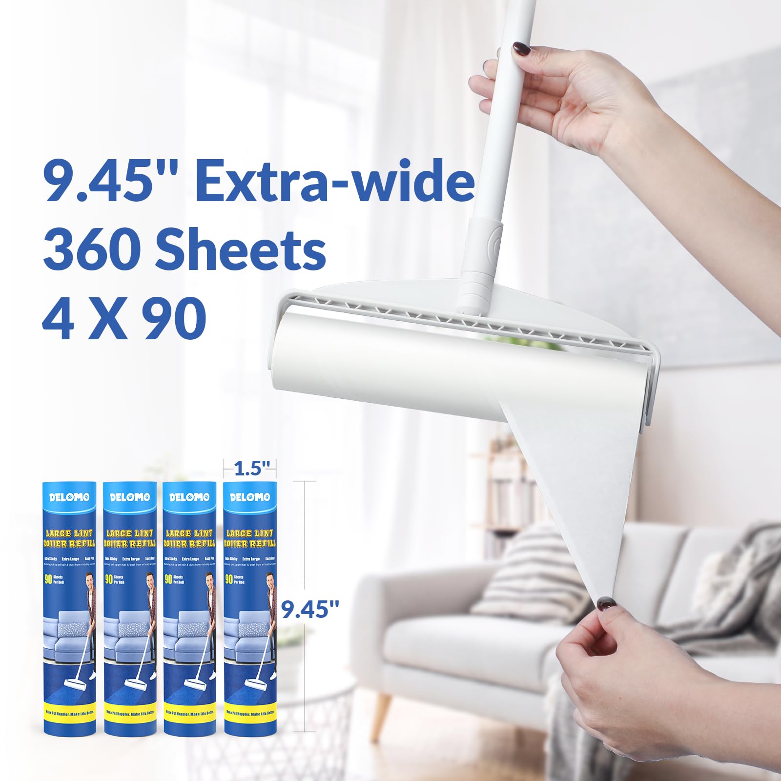 Large Lint Rollers for Carpet, Sticky Rollers for Floor DELOMO 9.45 in with 3 Extendable Handle, Long Handle Sticky Mop for Cleaning Carpets, Cars, Clothing, and Pet Hair
