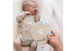 CUNCUN Baby Monthly Milestone Balloon Board - 6.5 Inch Natural Wood with 3D Stars Clouds Moon, 1-12 Months Tracker, Newborn Photo Prop