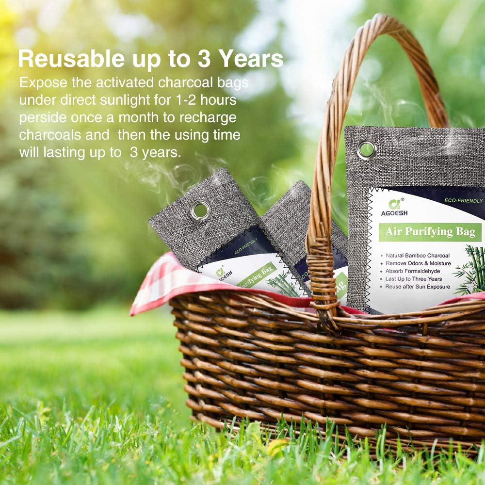 AGOESH Bamboo Charcoal Air Purifying Bag 8 Pack with 4 Hooks,Activated Charcoal Bags Odor Absorber,Chemical&Fragrance Free,Nature Fresh Charcoal Bags for Home,Car,Pet Areas: Home & Kitchen