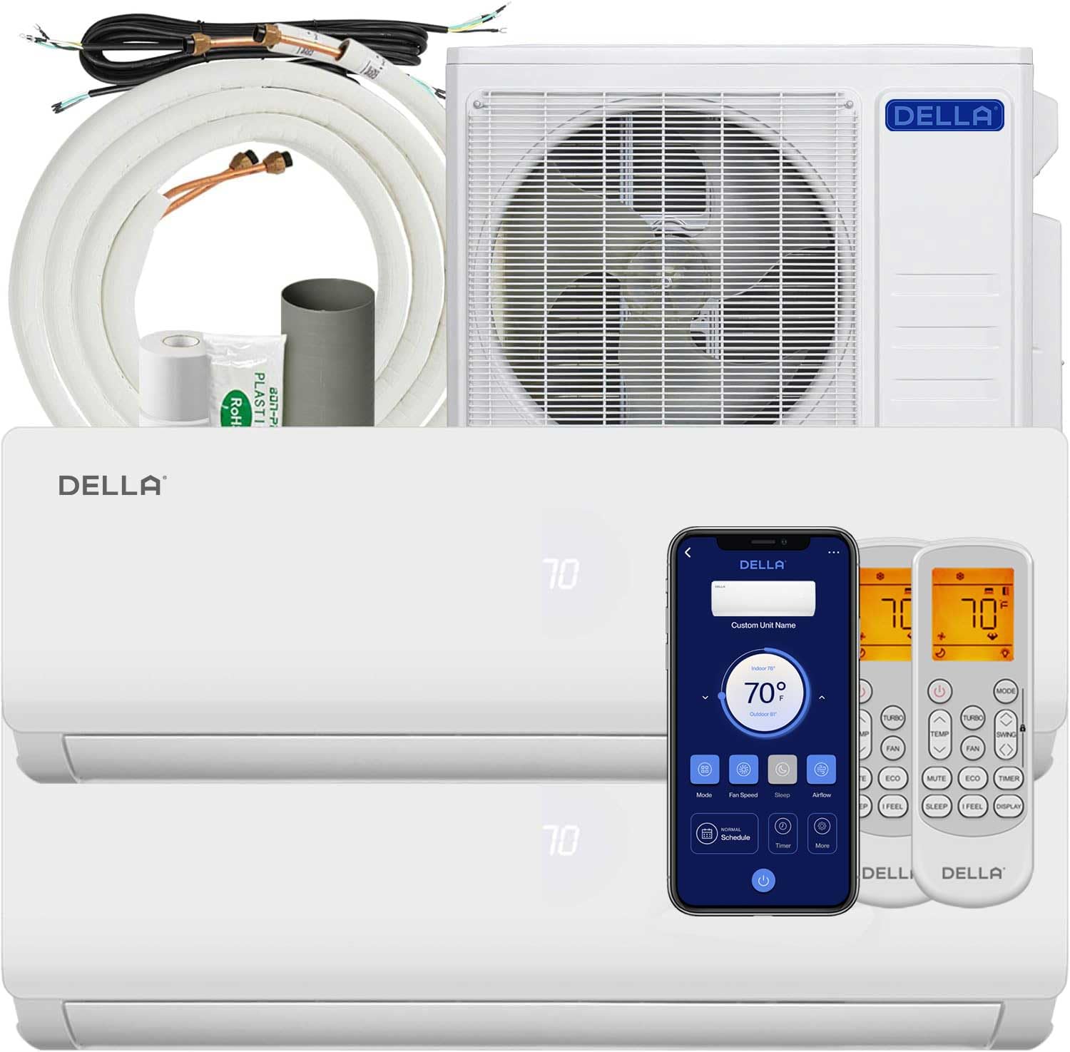DELLA 18K BTU ODU 2 Dual Zone 12000 12000 BTU 19 SEER2 208-230V Cools Up to 1100 Sq.Ft Wifi Multi Zone Mini Split Air Conditioner Ductless Pre-Charged Heat Pump Work with Alexa, 16ft Installation Kits