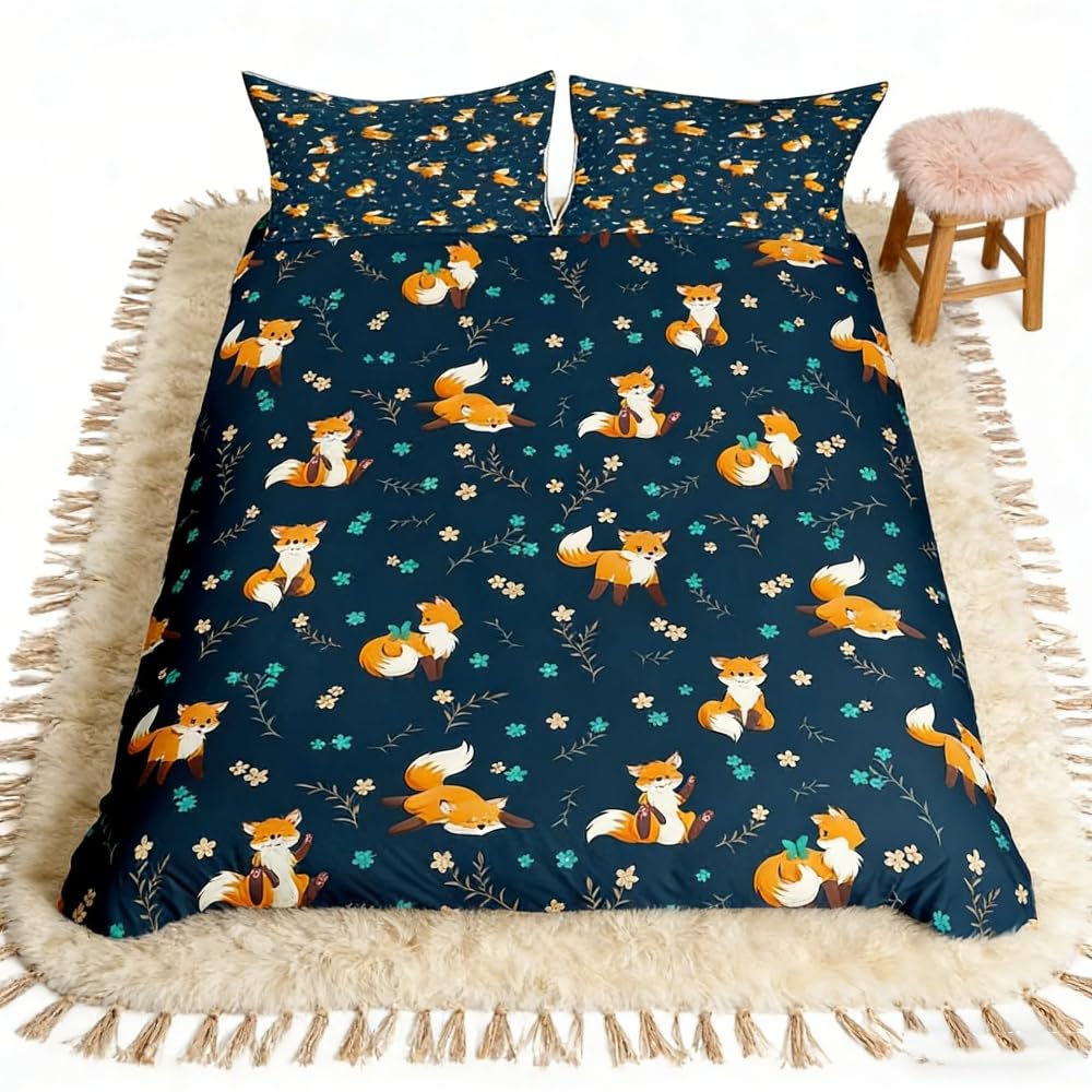 Loussiesd Fox Bedding Duvet Cover Set Kids Cute Woodland Foxes Bedding Set Boys Girls Floral Kawaii Animal Comforter Cover Set Microfiber Nature Quilt Cover Dark Blue Bedroom Super King