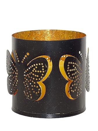 Era Innovative Gifting Metal Shadow Butterfly Tea Light Candle Holder Diwali Gift Home Decor 11x11x11 Cms Black and Golden Color Pack of 1
