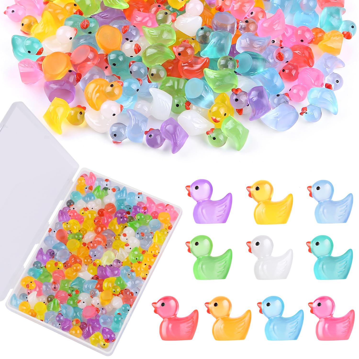 Photo 1 of 100 Pack Luminous Mini Resin Ducks with Storage Container, 10 Colors Tiny Ducks Glow in The Dark, Small Plastic Animals for Dollhouse Landscape Decor, Little Miniature Figurines for Kids Party Favors