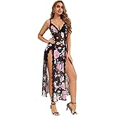 comeondear Lace Nightgown for Women Sexy V Neck Negligee with Panty Sleeveless Nightwear Long Mesh Nightgown