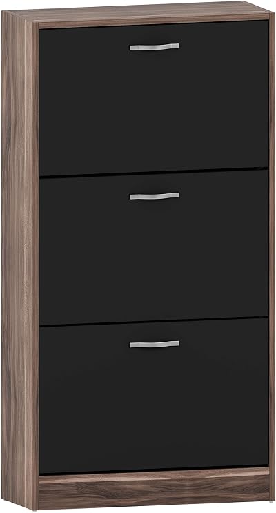Vida Designs Walnut & Black Shoe Cabinet with 3 Pull-Down Drawers