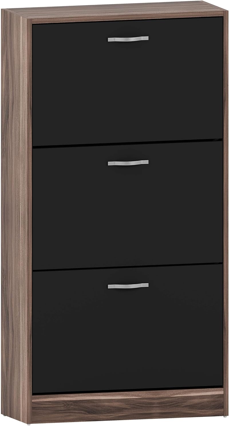 Vida Designs Walnut & Black Shoe Cabinet with 3 Pull-Down Drawers