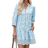 Wenrine Women's Floral Boho Mini Dress 3/4 Long Sleeve V Neck Casual Button Down Shirt Dresses