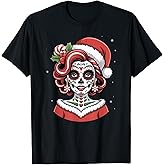 Christmas Sugar Skull Art Woman Santa Hat Festive Design T-Shirt