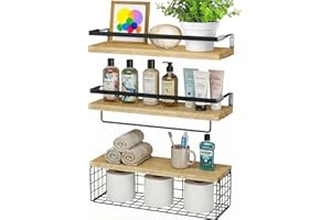 Pack of 3 Bathroom Shelves Wall Mounted Floating Shelves Over Toilet Shelf with Towel Holder & Storage Basket Rustic Wood Cor