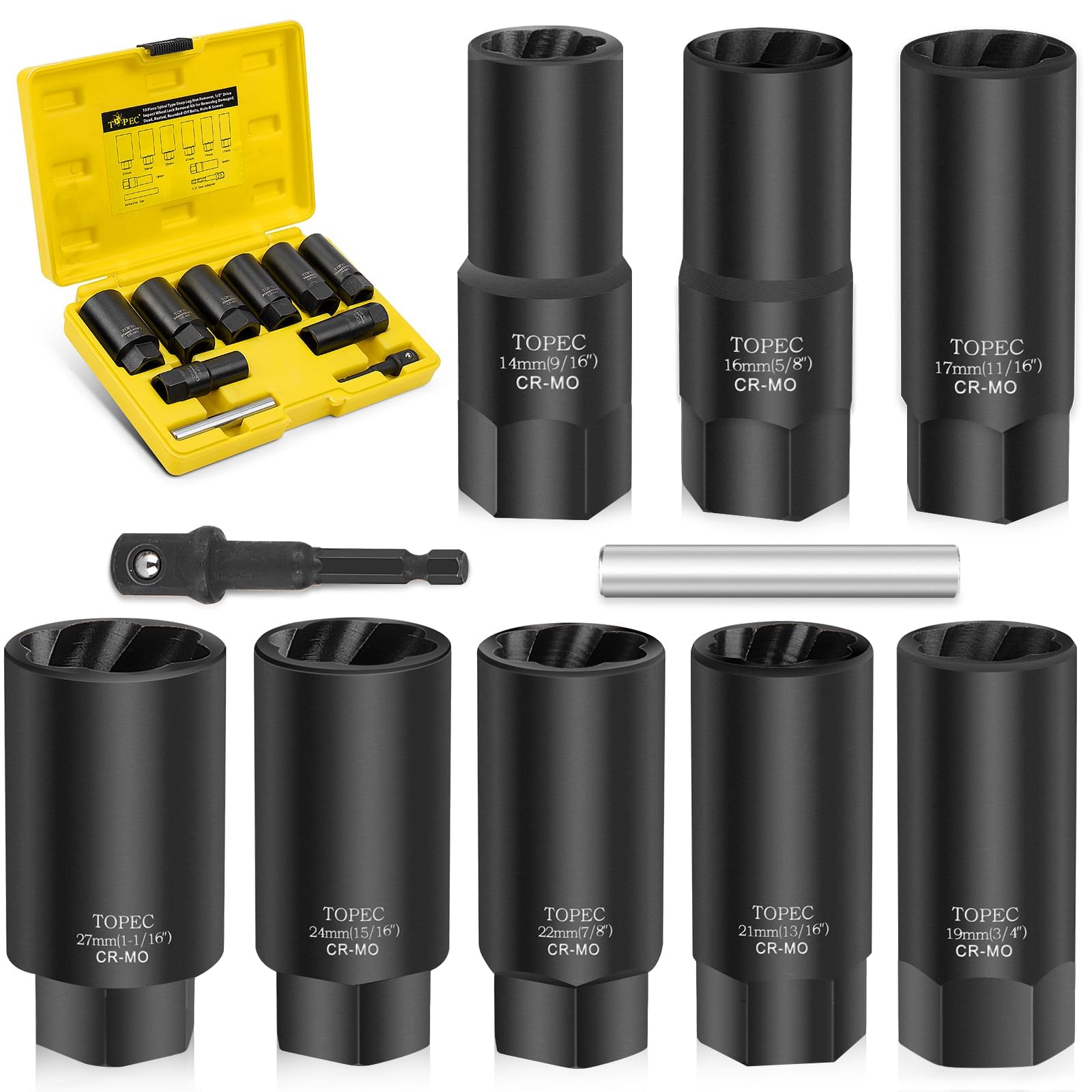 Photo 1 of *MISSING 17MM* TOPEC 10PCS Deep Lug Nut Remover Heavy Duty, 1/2" Drive Impact Wheel Lock Removal Kit, Spiral Type Lug Nut Removal Tool for Removing Stripped, Broken, Damaged, Rounded Bolts, Nuts & Screws