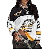 GORGLITTER Women's Oversized Jersey Shirts Y2k Clothes Number Letter Graphic Long Sleeve V Neck Top Aesthetic Streetwear
