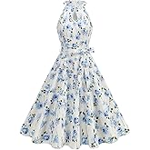 1950s Dresses for Women Pin Up 50s Style Vintage Halter Retro Floral Print Rockabilly Audrey Hepburn Dress Floral Print Dresses Tea Party Outfits Midi A Line Swing Cocktail Dress Blue XXL