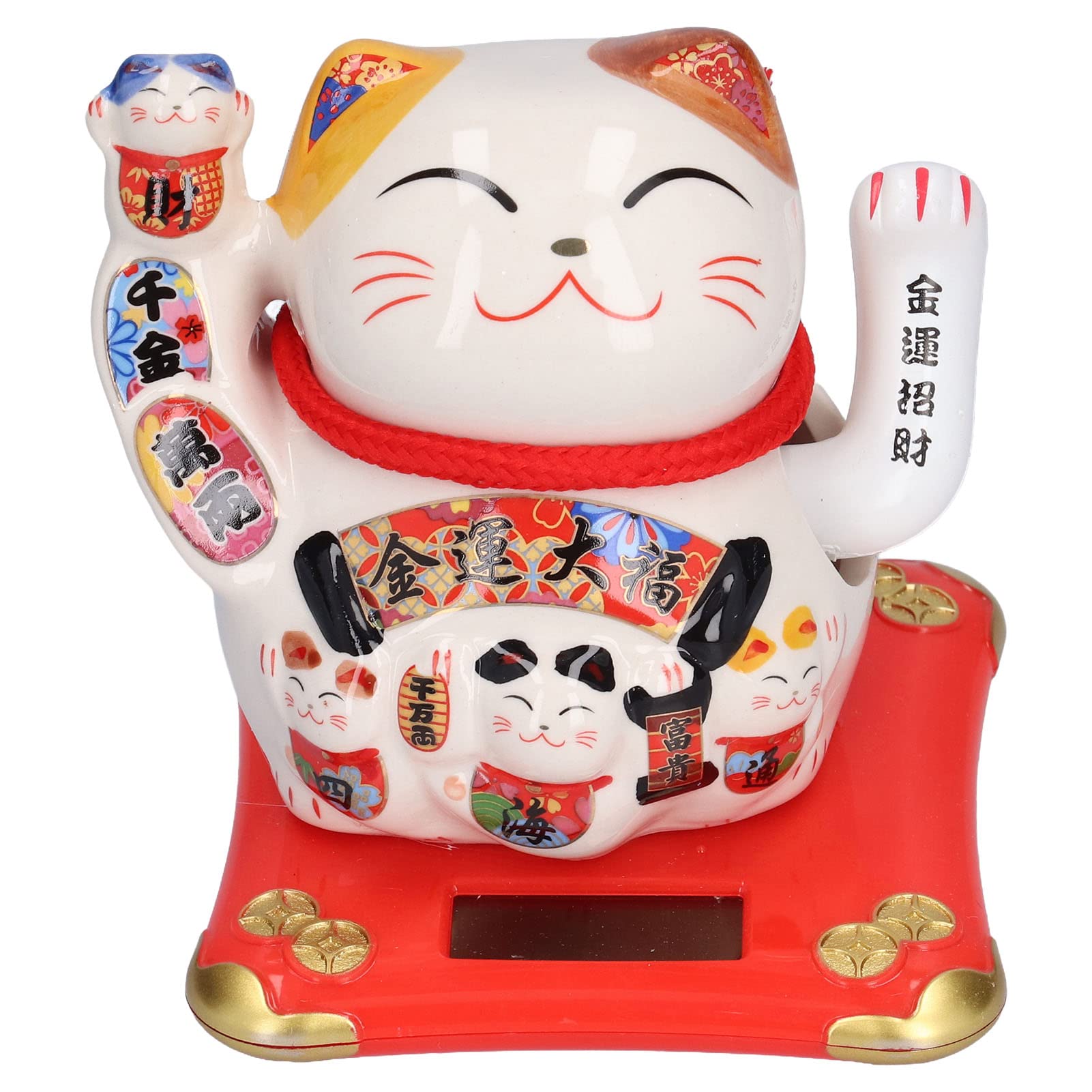 Ceramic Maneki Neko Lucky Cat Fortune Japanese Cat Solar Powered Lucky Cat Happy Cat Waving Arm Fortune Cat Chinese Feng Shui Decor for Shop, Home, Restaurants, Car 3.9" x 3.7" x 4.1"(3#)