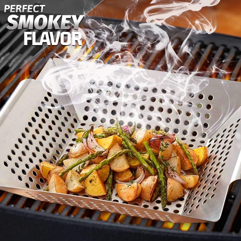 HomeMall Grill Basket for Vegetables & Meat - Large BBQ Grilling Basket - Stainless Steel Barbecue Grilling Accessories for Veggies, Kabobs, Seafood - Bonus Basting Brush : Garden & Outdoor