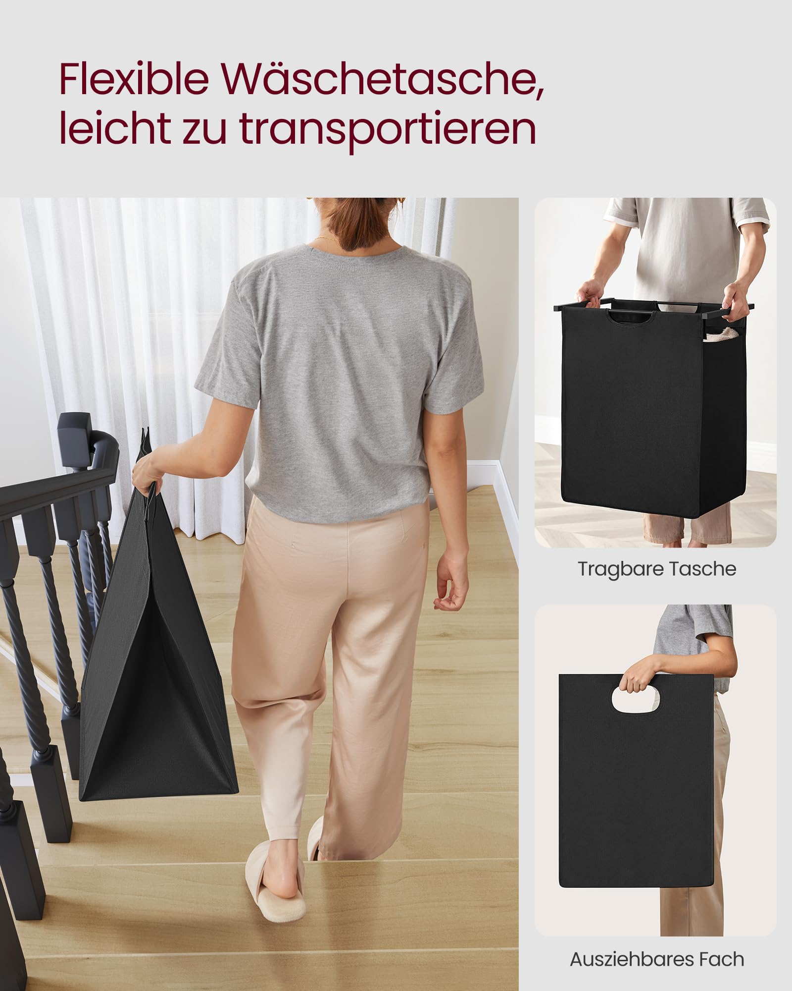 VASAGLE Wäschekorb, Wäschesammler mit Ablage, Wäschebox, Wäschesack aus Oxford-Gewebe abnehmbar, Metallrahmen, 65 L, 50 x 33 x 72 cm, tintenschwarz-vintagebraun BLH101B01 9