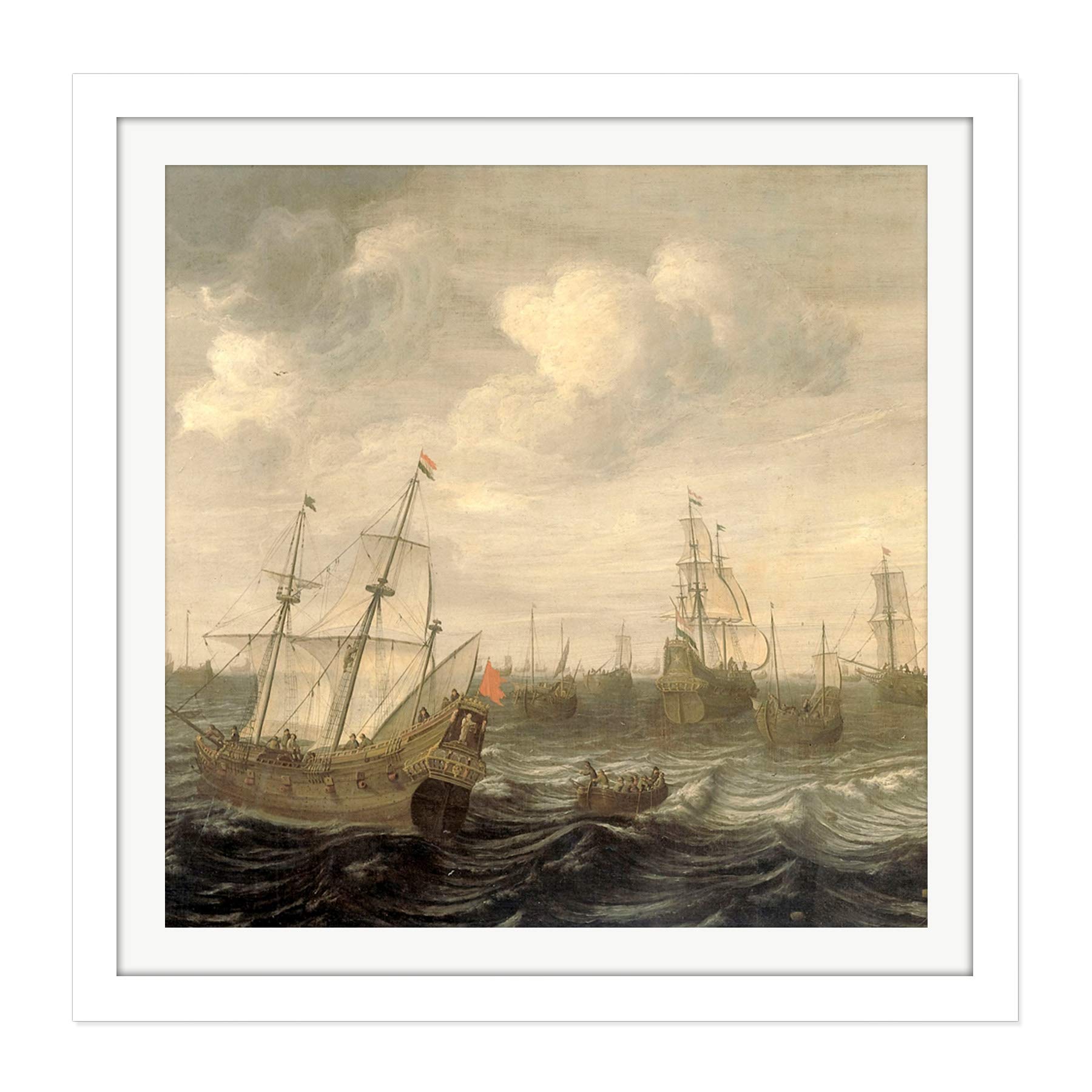 Artery8 Beelt Dutch Herring Fleet Under Sail Ship Painting Square Wooden Framed Wall Art Print Picture 16X16 Inch