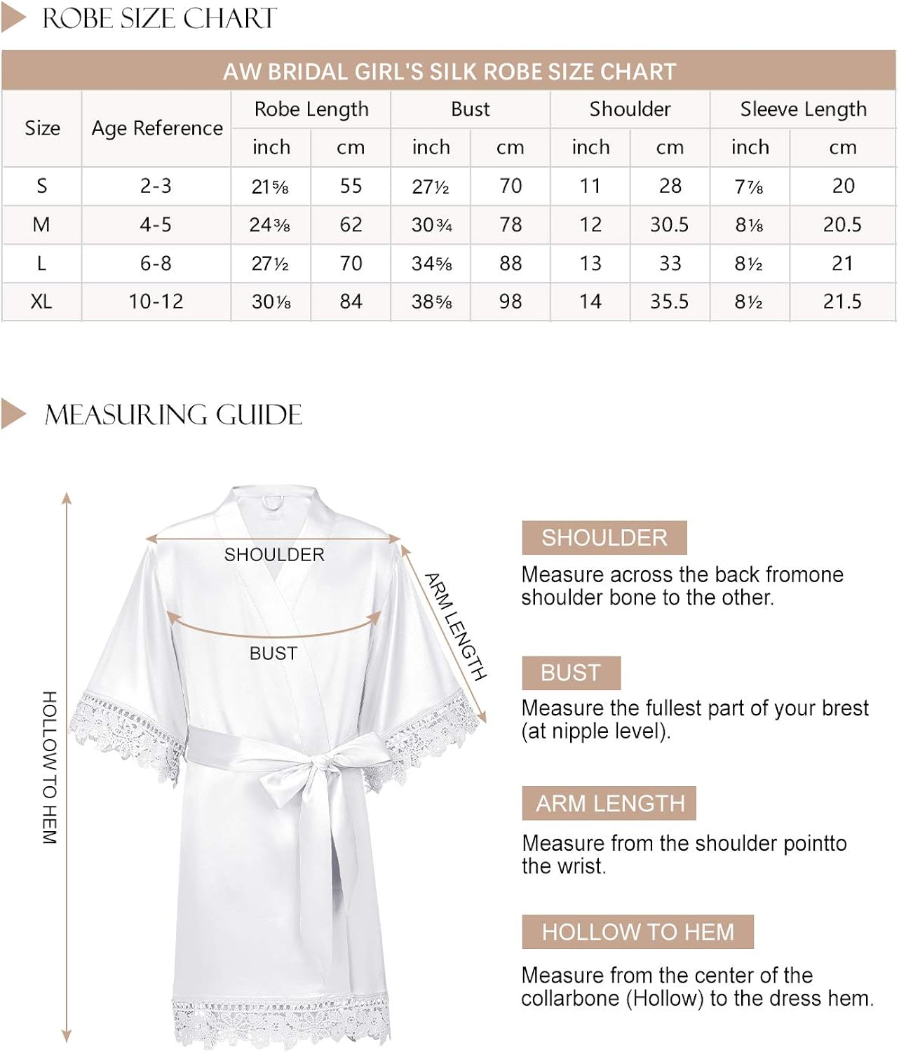 AW BRIDAL Girls' Satin Kimono Robe Flower Girl Bathrobe Kids' Silk Nightgown with Lace Trim for Spa Party Wedding Birthday: Clothing