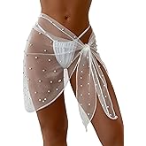 GORGLITTER Women's Cover Up Sarong Wrap Skirt Bachelorette Outfits for Bride Sheer Mesh Bridal Swimsuit Pearl Bathing Suit