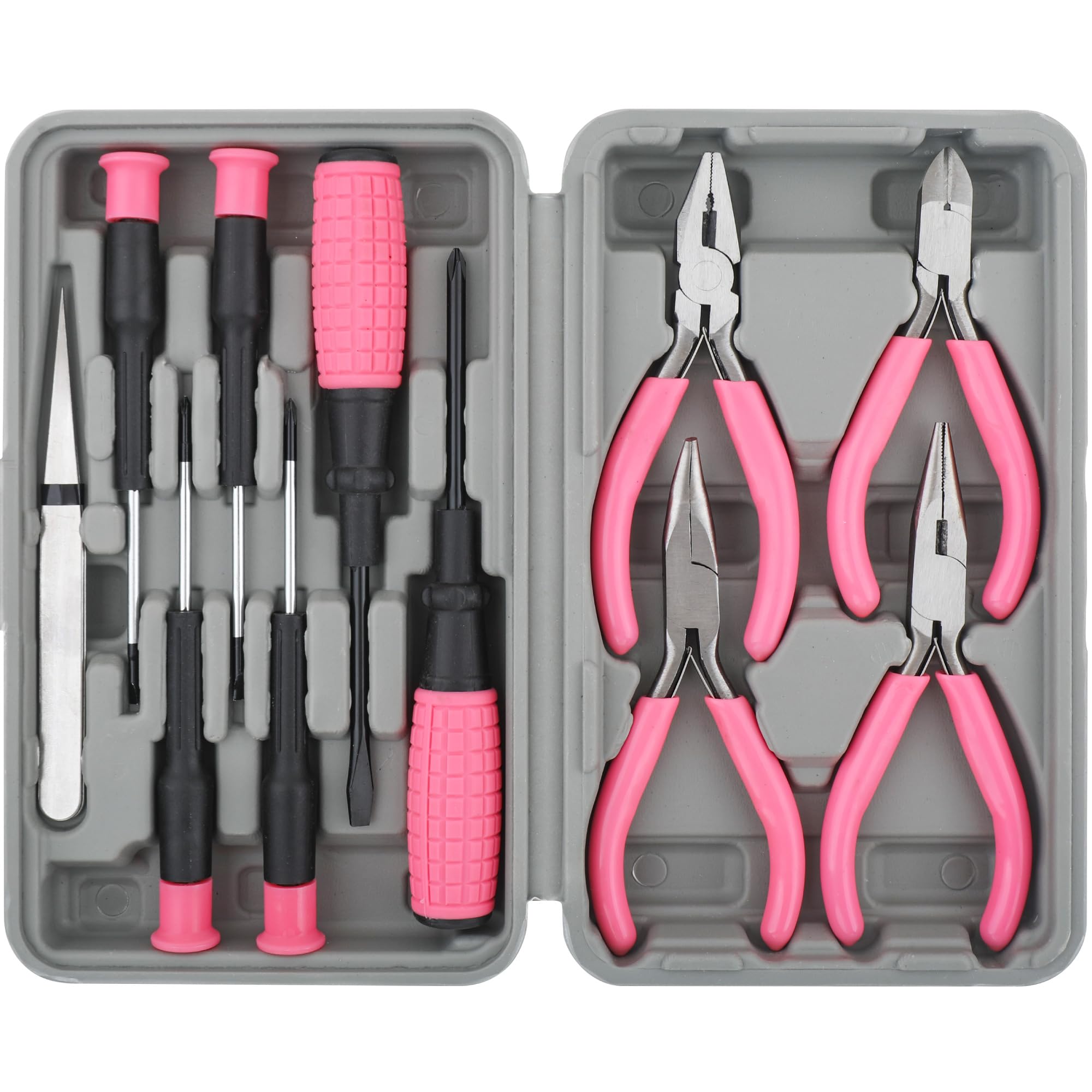 Hi-Spec 11pc Pink Womans Compact Crafts & Home DIY Repair Hand Tool Kit Set with Pliers, Cutters and Precision Screwdrivers for Ladies
