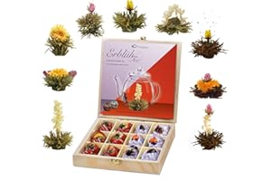 Creano Flowering Tea Abloom Tea - Blooming Tea Gift Set in Stylish Wooden Tea Box - 12 Pieces, Mix of White & Black Tea a gift for christmas