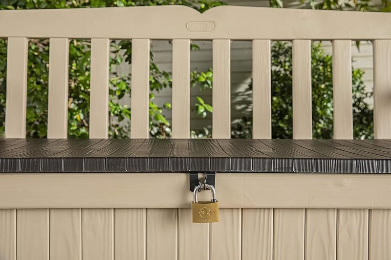 Eden - Banco arcón Exterior, Baúl almacenaje, Capacidad 265L, Resina, Color Marrón y Beige, Ordenación jardín y terraza, 140 x 60 x 84 cm