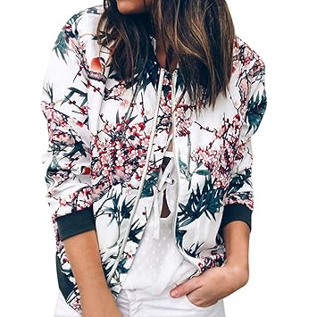 Jacke Damen Kolylong® Frauen Elegant Blumen Drucken Jacke Kurz Herbst Vintage Reißverschluss Mantel Baseball Jacken Oversize 