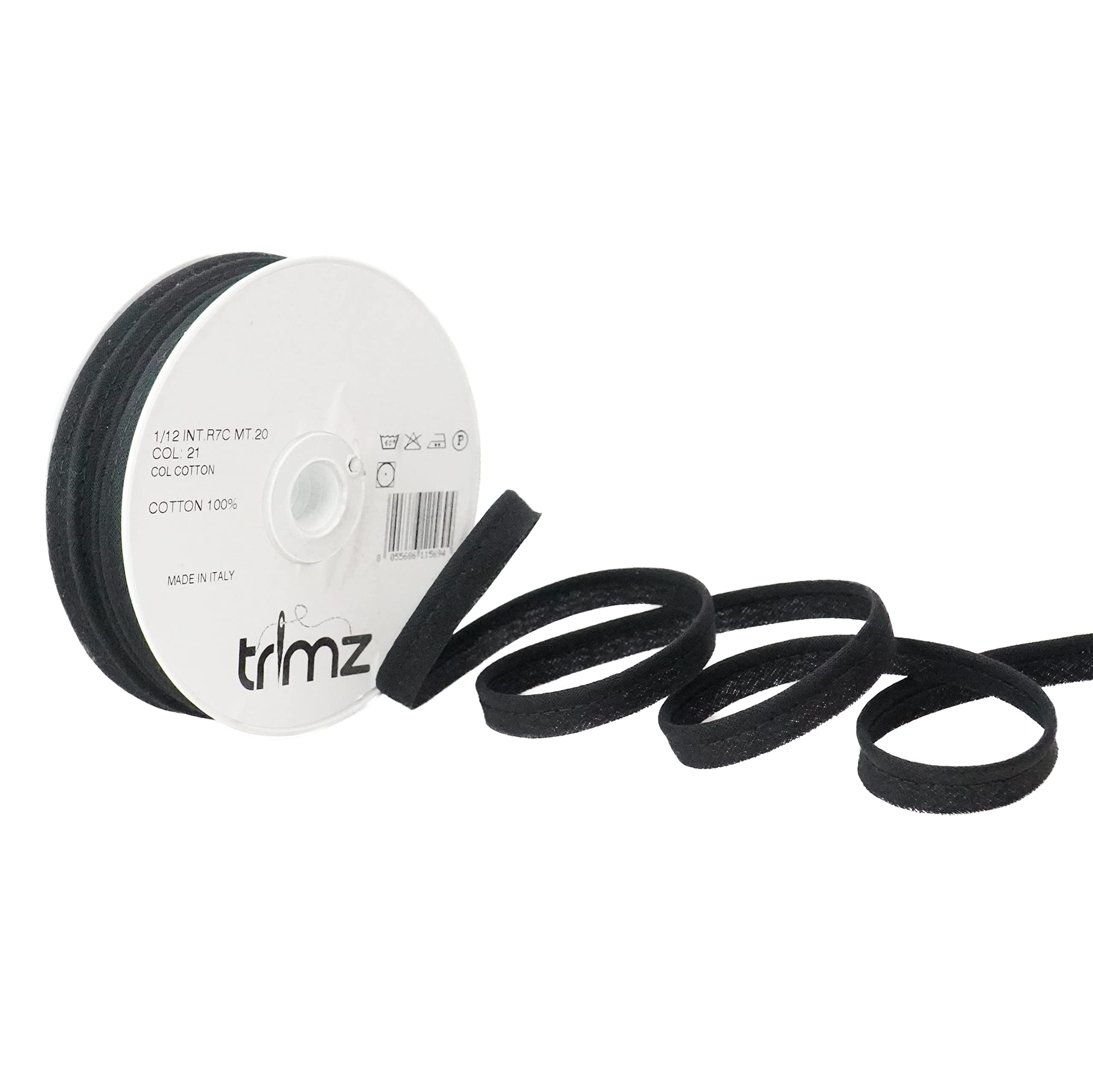 Trimz Insertion Piping, Cotton, Black, 20m x 1cm