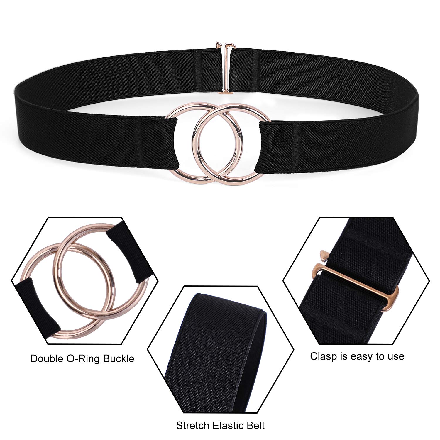 Women Stretch Belt for Dresses Elastic Web Waist Belt with Double O-Ring Buckle（Fits Waist 26\