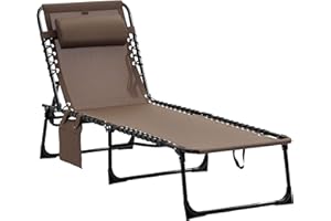 Outsunny Folding Lounge Chair, Reclining Tanning Chair, Portable Sun Lounger with Adjustable Backrest and Removable Pillow fo