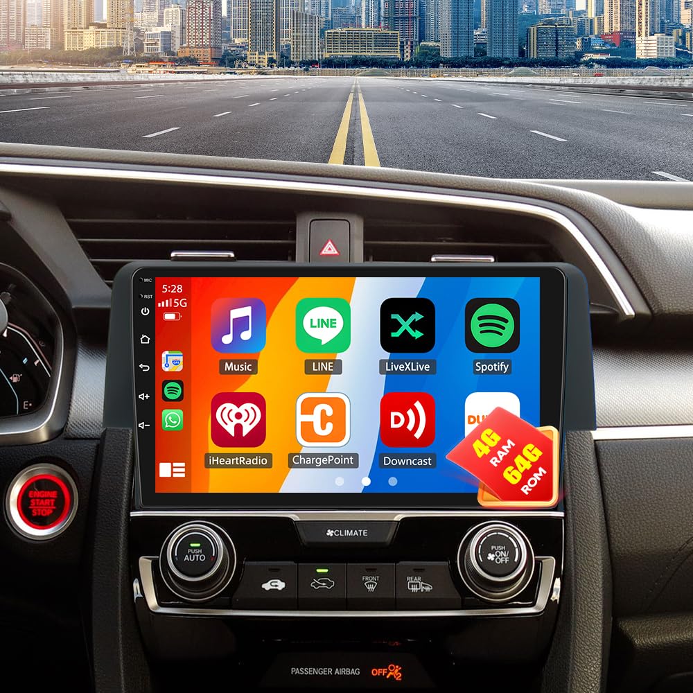 Photo 1 of 4+64GB Android 13 Car Radio for Honda Civic 2016-2020 9 Inch IPS 1024 * 600 Touchscreen Replacement with Wireless with CarPlay & Android Auto Bluetooth GPS Backup Camera