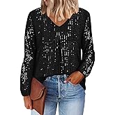 TIYOMI Plus Size Tops for Women Long Sleeve Sequins Party Tunic V Neck Casual Shirt Pleated Front Blouse Spring Winter XL-5XL