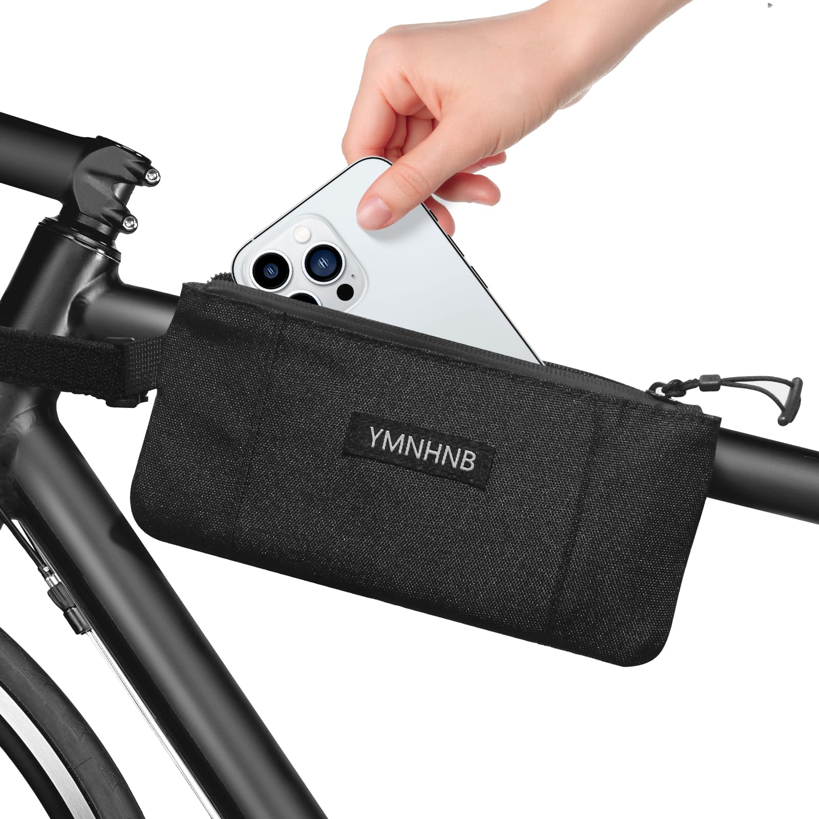 Photo 1 of YMNHNB Bike Frame Bag – Water-Resistant Top Tube Bike Bag, Minimalist Bicycle Storage Pouch for Smartphone & Cards, Fits Road & Mountain Bikes